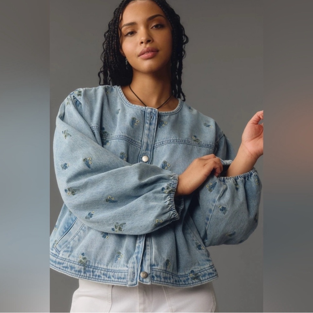 Pilcro Collarless Embroidered Denim Jacket - Women